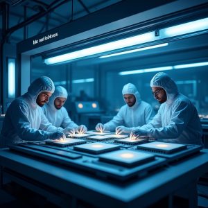 Chip manufacturing cleanroom with silicon wafers