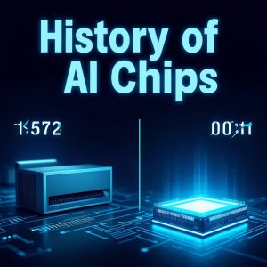 Timeline infographic showing the history of AI chips from 1957 IBM mainframe to 2026 NVIDIA Blackwell GPU and Google TPU