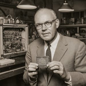 Jack Kilby holding world's first computer chip 1958"