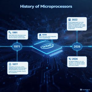 Timeline of history of microprocessor from Intel 4004 to AI chips 1971 to 2026`